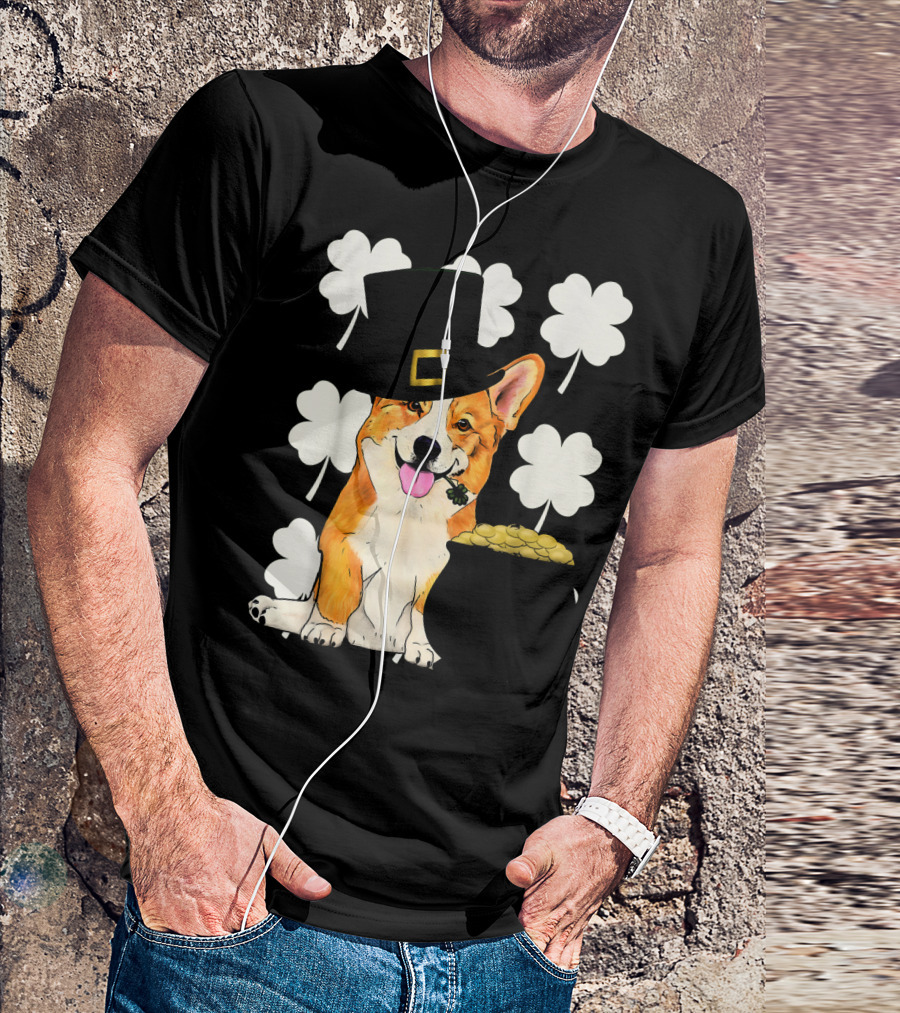 Irish Corgi St. Patricks Day Clover Leprechaun Hat And Pot Of Gold T-Shirt