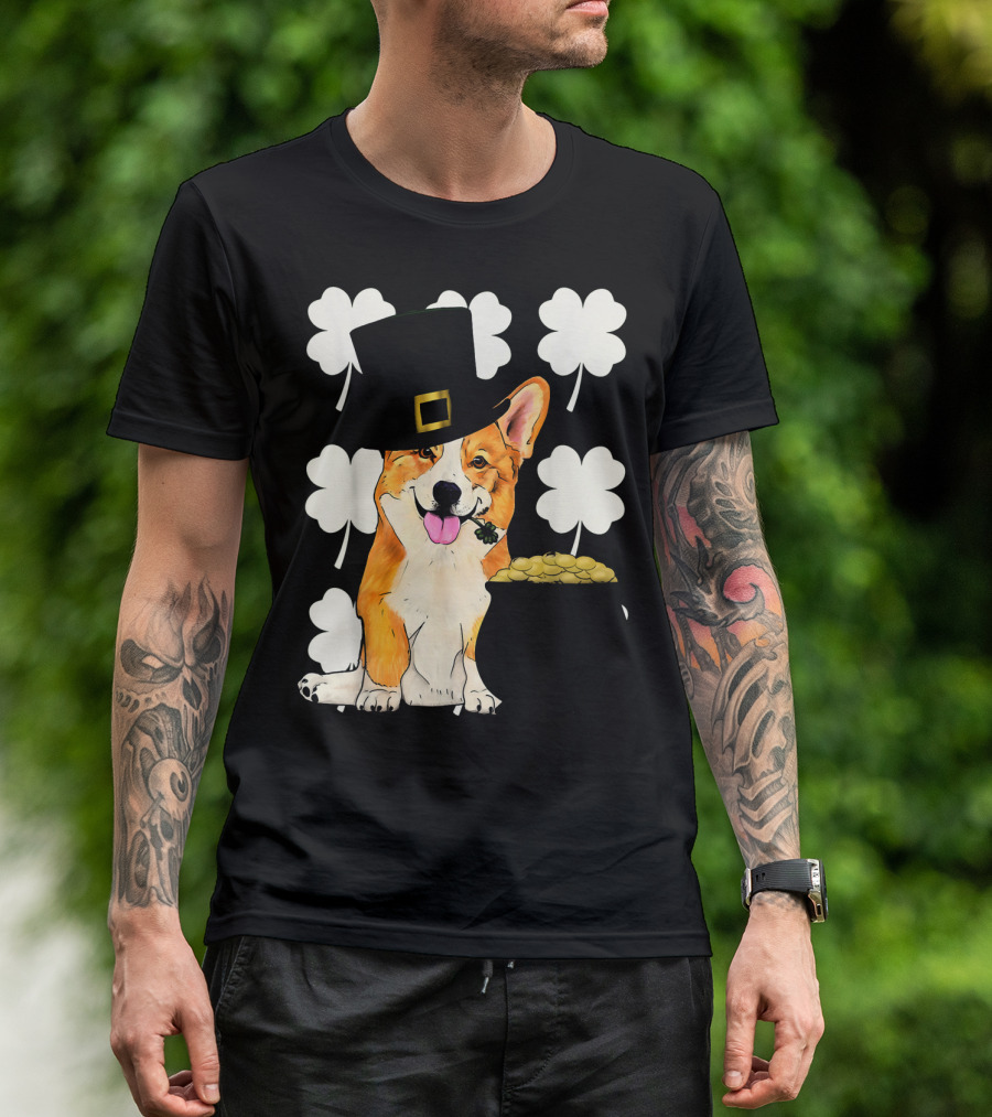Irish Corgi St. Patricks Day Clover Leprechaun Hat And Pot Of Gold T-Shirt