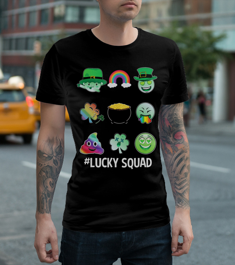 Lucky Squad St. Patricks Day Emoji Rainbow Clover Pot of Gold T-Shirt