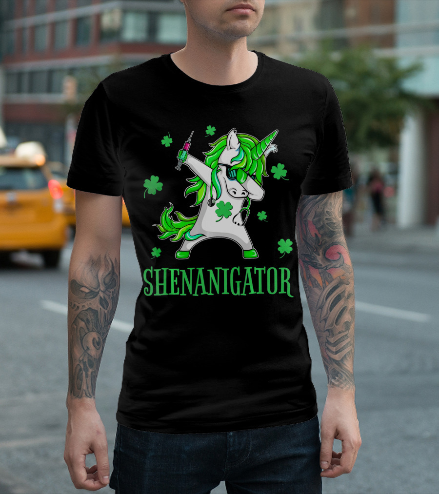 Unicorn Dabbing Shenanigator with Shamrocks and Syringe T-Shirt