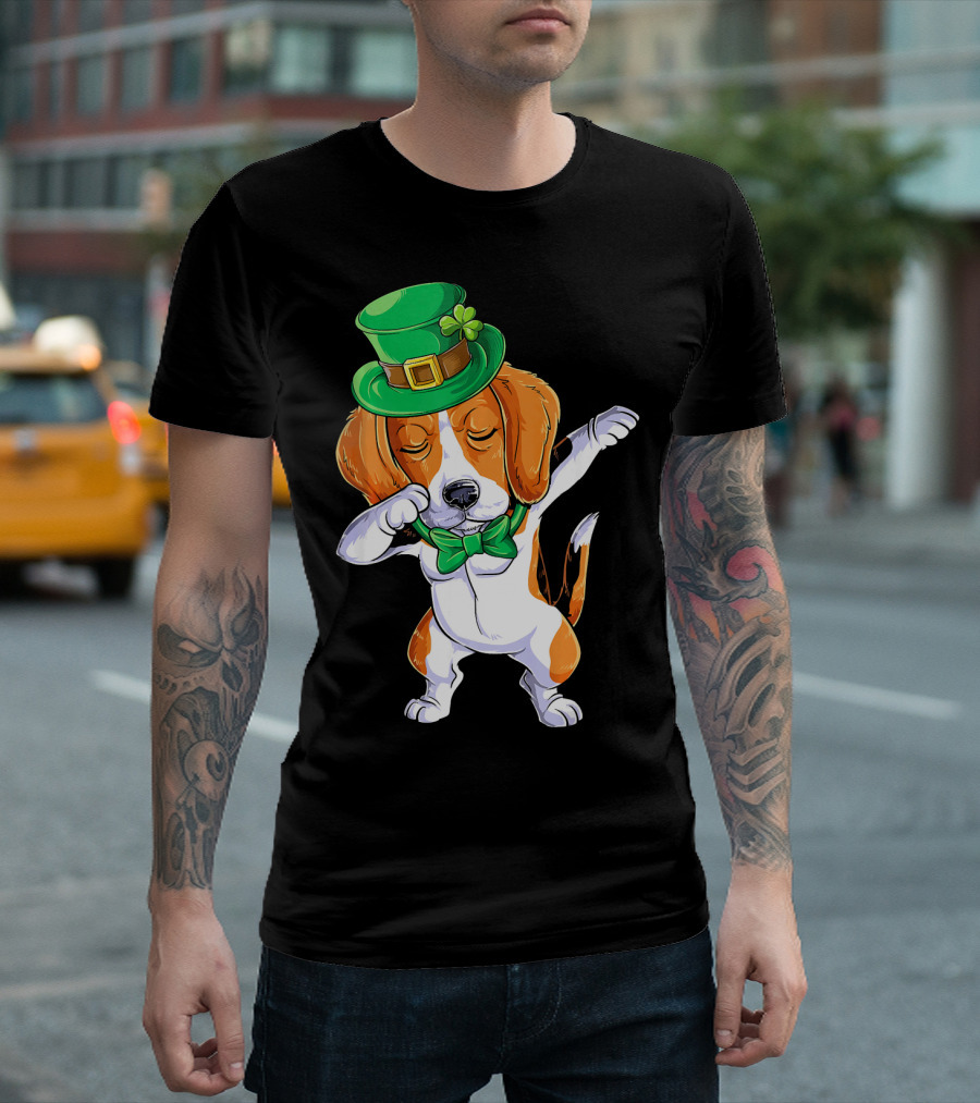 Dabbing Beagle St Patricks Day Boys Leprechaun Hat Bow Tie Shamrock T-Shirt