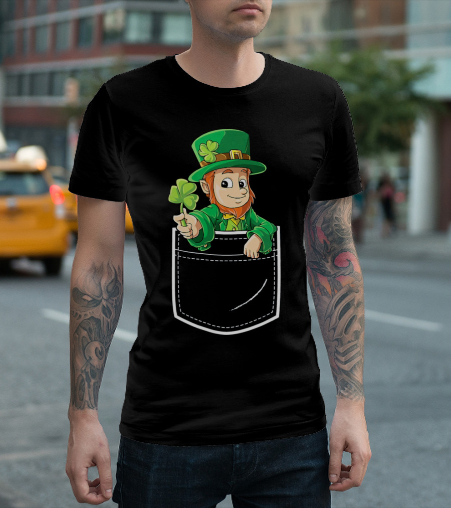 Leprechaun Holding Shamrock in Pocket for St Patricks Day T-Shirt