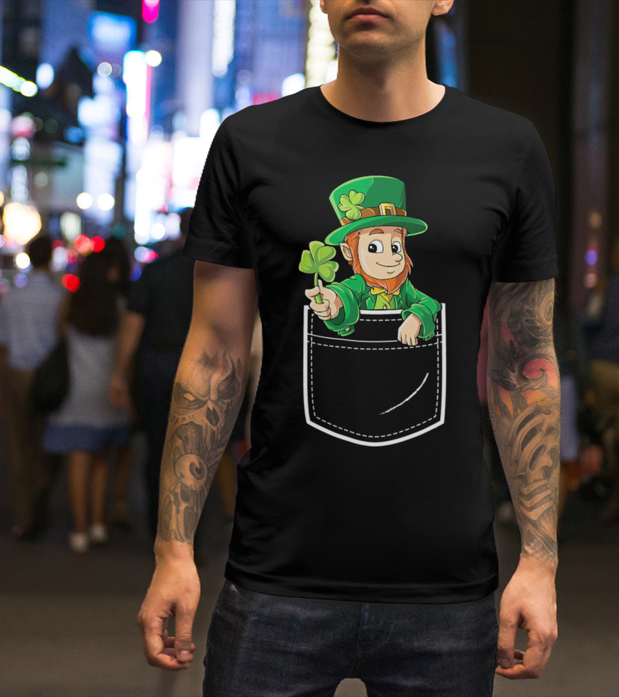 Leprechaun Holding Shamrock In Pocket For St Patricks Day T-Shirt