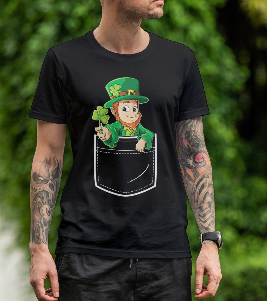 Leprechaun Holding Shamrock In Pocket For St Patricks Day T-Shirt