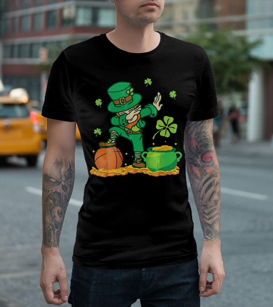 Leprechaun Dab with Basketball and Pot of Gold Filled with Coins and Shamrocks T-Shirt