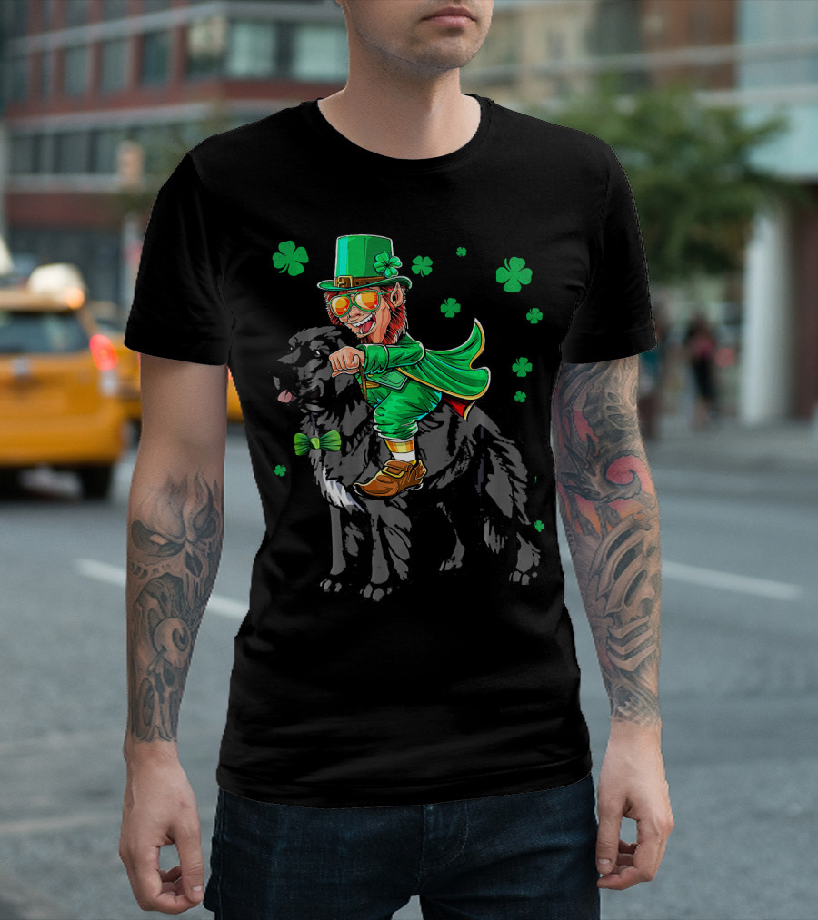 Leprechaun Riding Newfoundland Dog with Shamrocks for St. Pat's Day T-Shirt