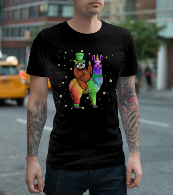 St. Patrick's Day Sloth With Green Hat On Rainbow Unicorn Llama T-Shirt