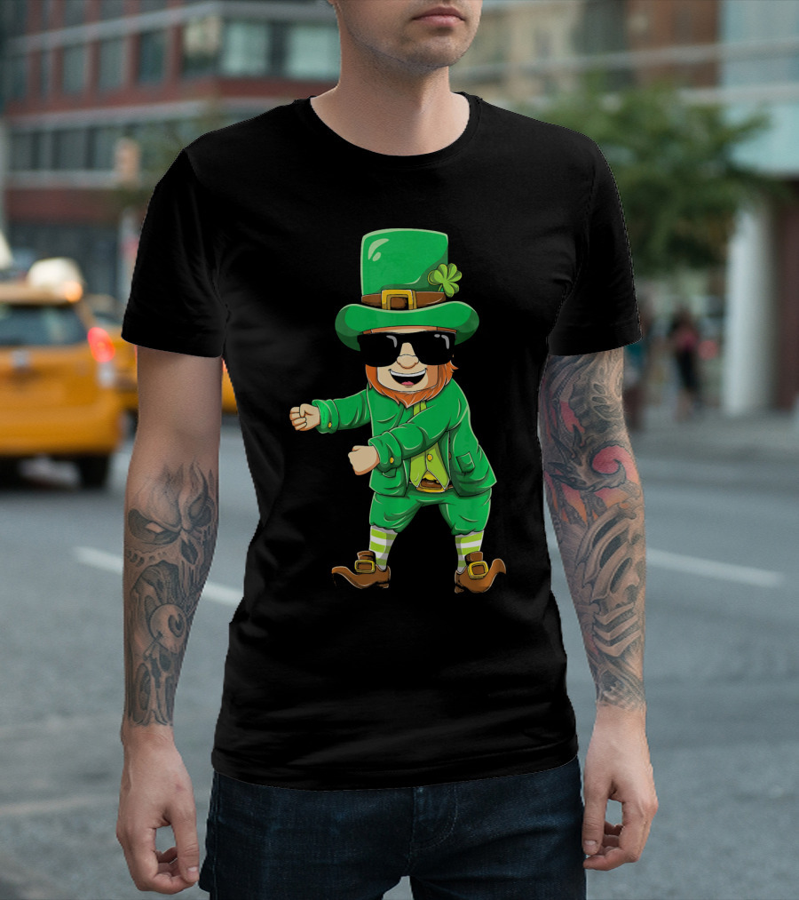 Flossing Leprechaun with Sunglasses Green Outfit and Shamrock Hat T-Shirt