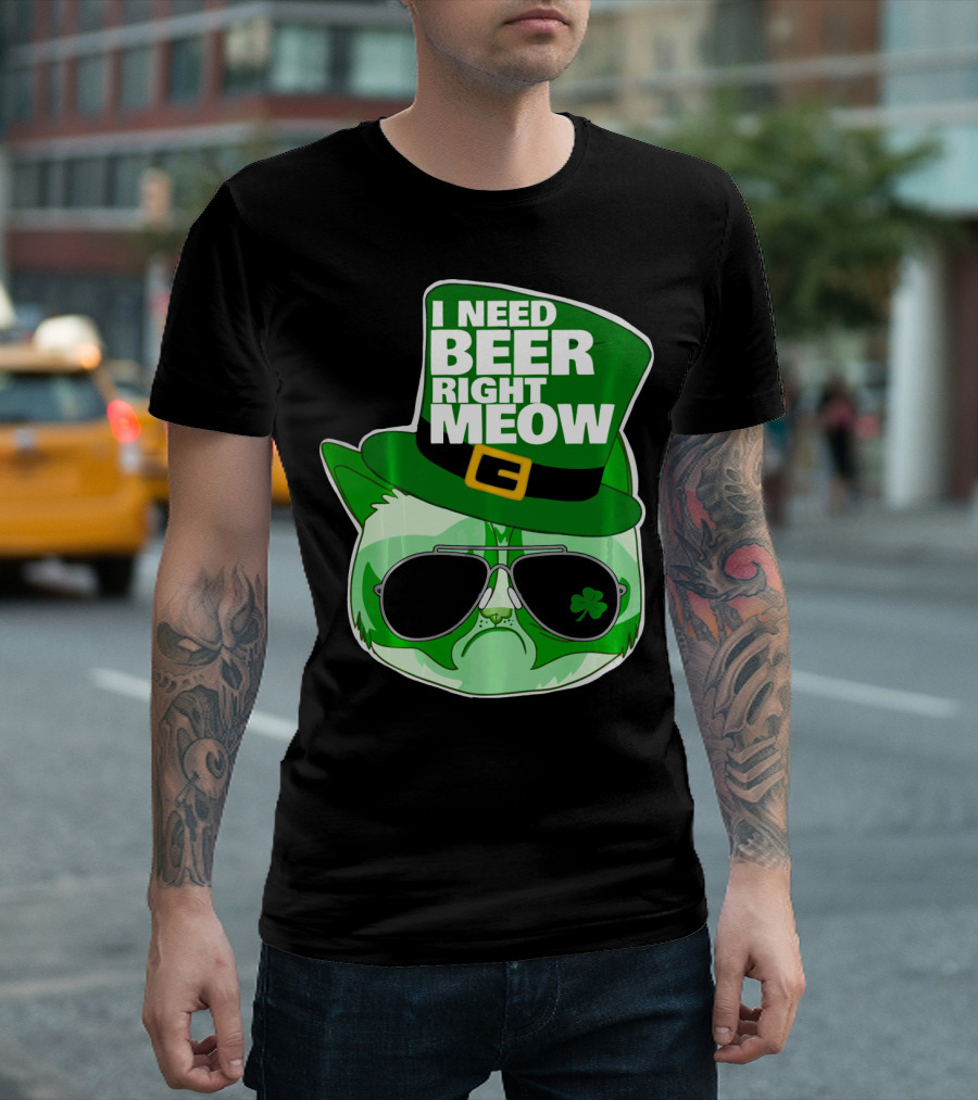 I Need Beer Right Meow Funny St Patricks Day Cat With Green Leprechaun Hat And Sunglasses T-Shirt