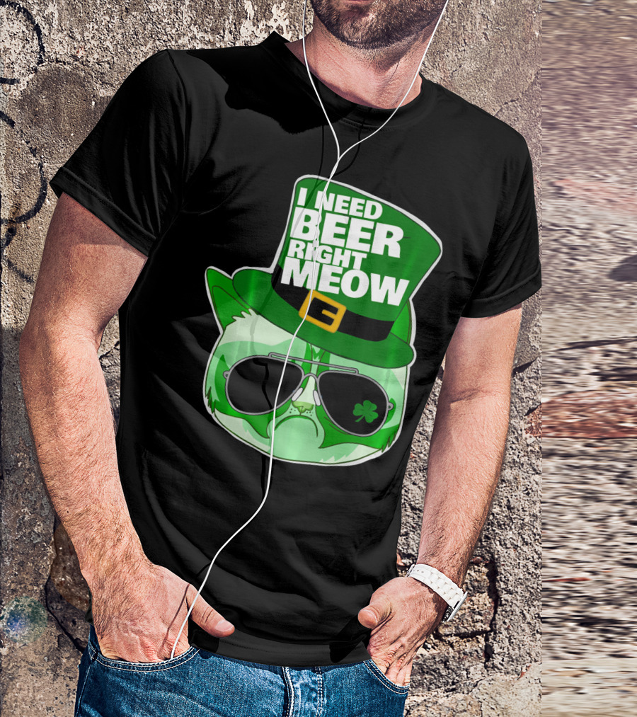 I Need Beer Right Meow Funny St Patricks Day Cat With Green Leprechaun Hat And Sunglasses T-Shirt