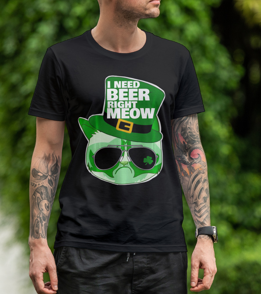 I Need Beer Right Meow Funny St Patricks Day Cat With Green Leprechaun Hat And Sunglasses T-Shirt