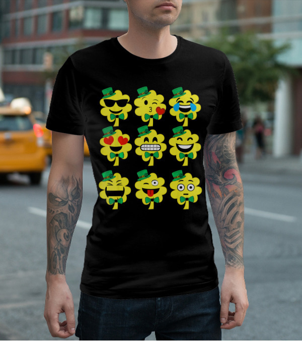 St Patricks Day Kids Emoji Shamrock Faces With Top Hats And Bowties T-Shirt