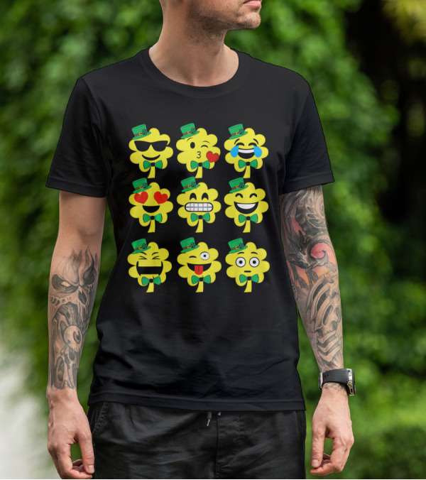 St Patricks Day Kids Emoji Shamrock Faces With Top Hats And Bowties T-Shirt