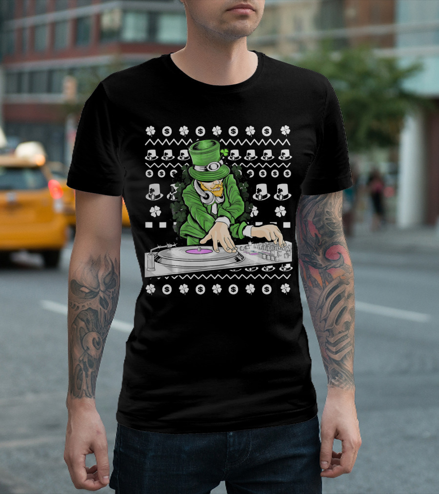 Leprechaun DJ Mixing with Shamrocks and Top Hats T-Shirt