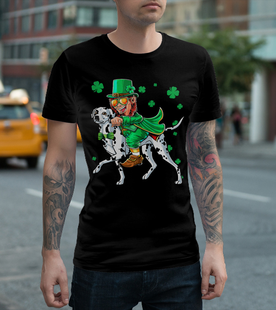 Leprechaun Riding Dalmatian With Shamrocks St. Patrick's Day T-Shirt