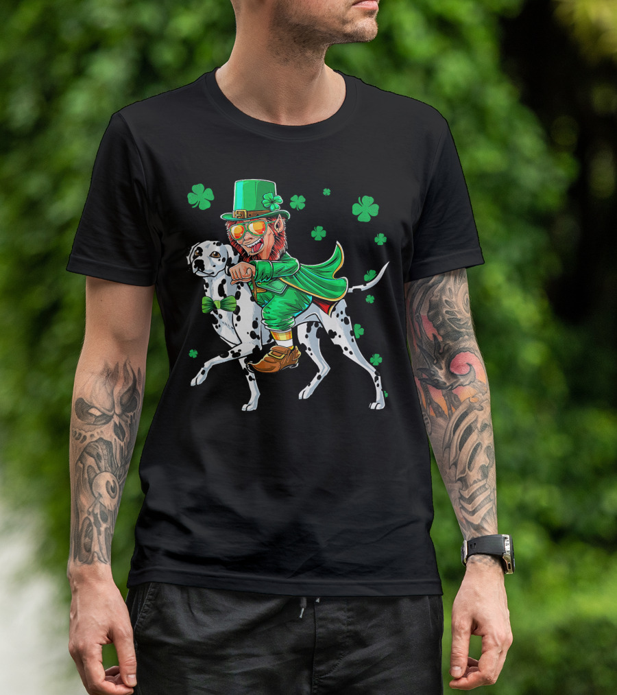 Leprechaun Riding Dalmatian With Shamrocks St. Patrick's Day T-Shirt