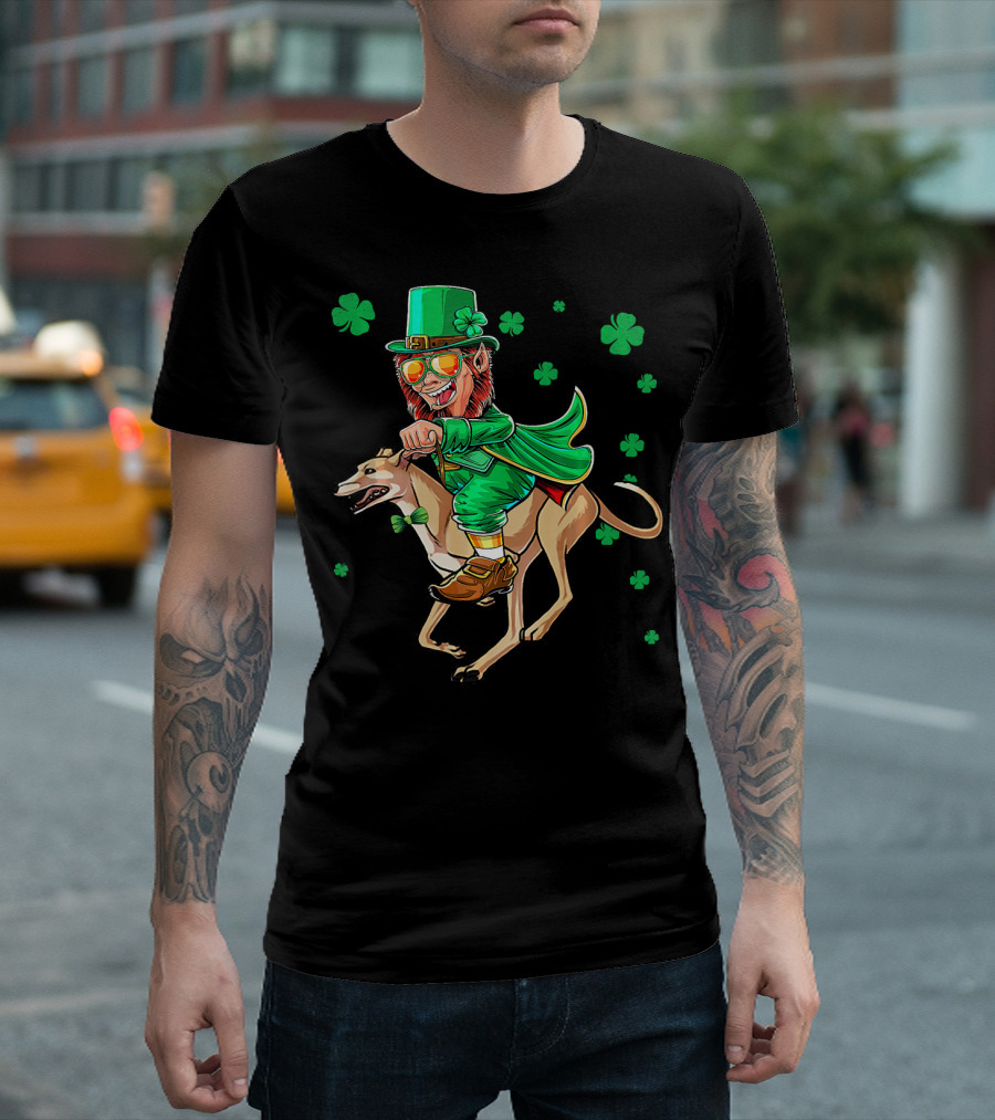 Leprechaun Riding Greyhound with Shamrocks St. Patrick's Day T-Shirt