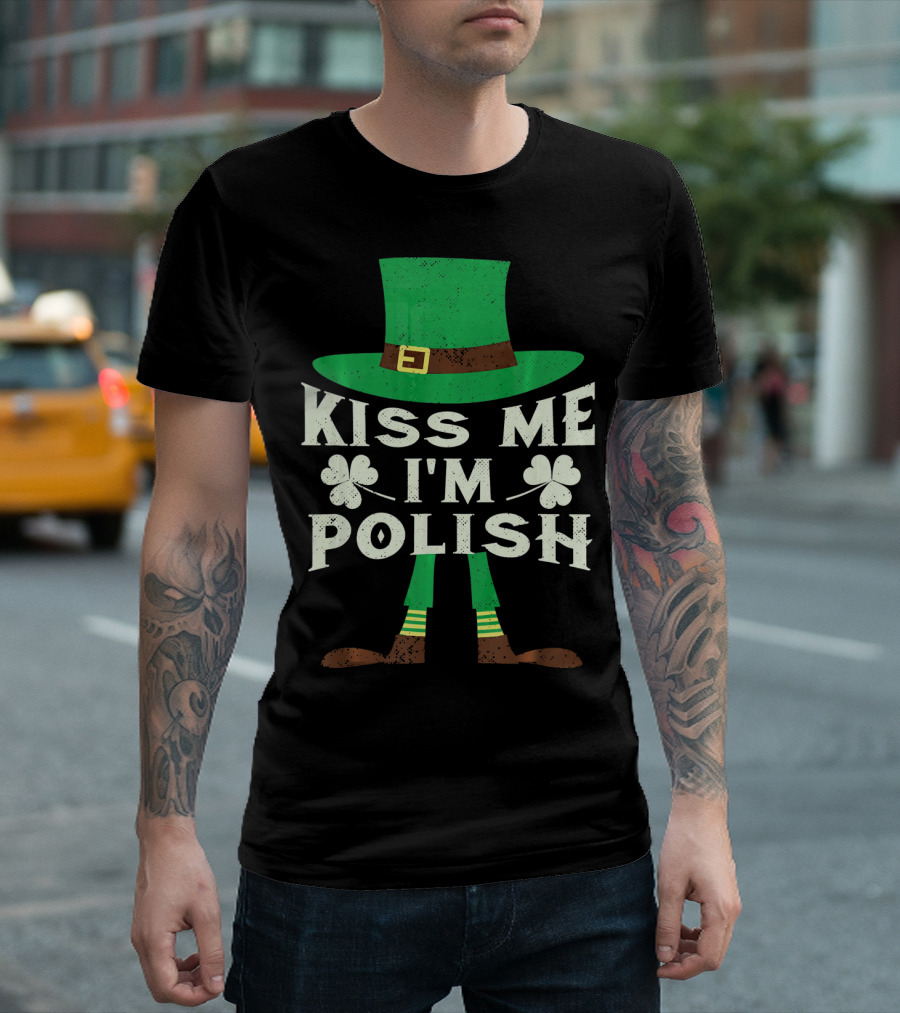 Kiss Me I'm Polish Leprechaun Hat and Shamrocks T-Shirt