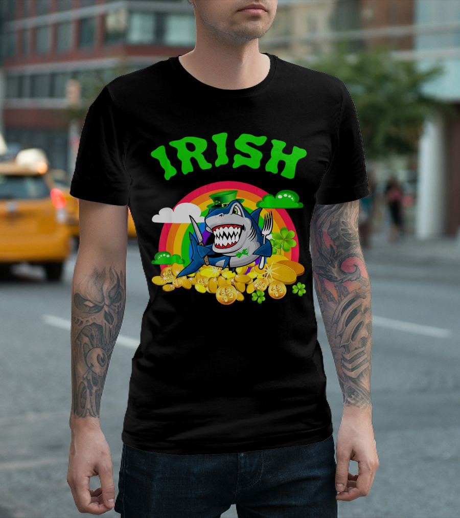 Irish Shark Funny St Patricks Day Leprechaun Rainbow Coins T-Shirt