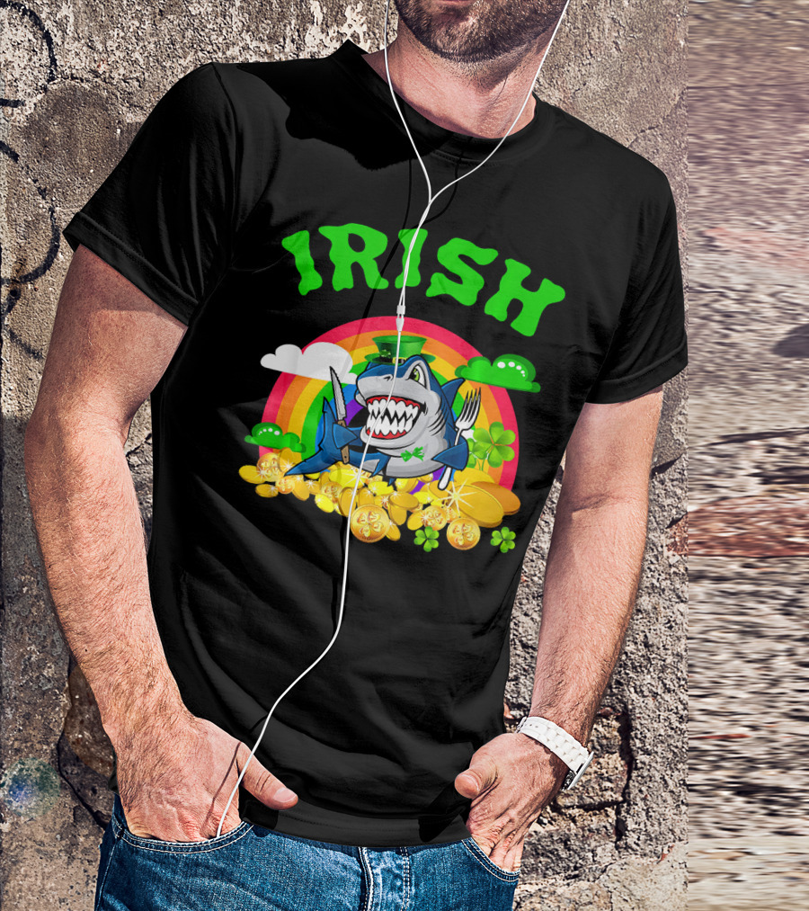 Irish Shark Funny St Patricks Day Leprechaun Rainbow Coins T-Shirt
