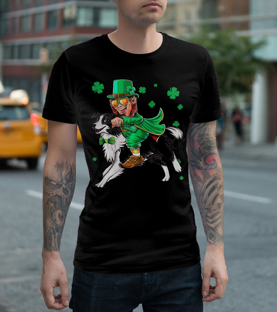 Leprechaun Riding Border Collie with Shamrocks T-Shirt