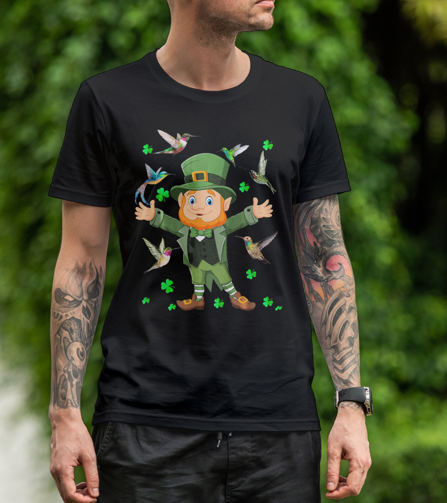 St Patricks Day Leprechaun With Hummingbirds And Shamrocks T-Shirt