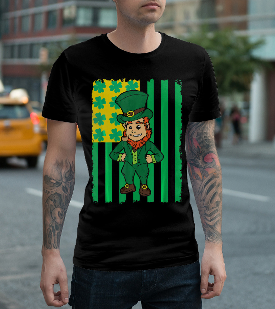 Irish American Leprechaun with Clover Flag T-Shirt