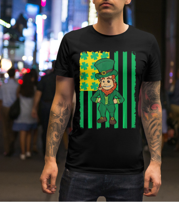 Irish American Leprechaun With Clover Flag T-Shirt