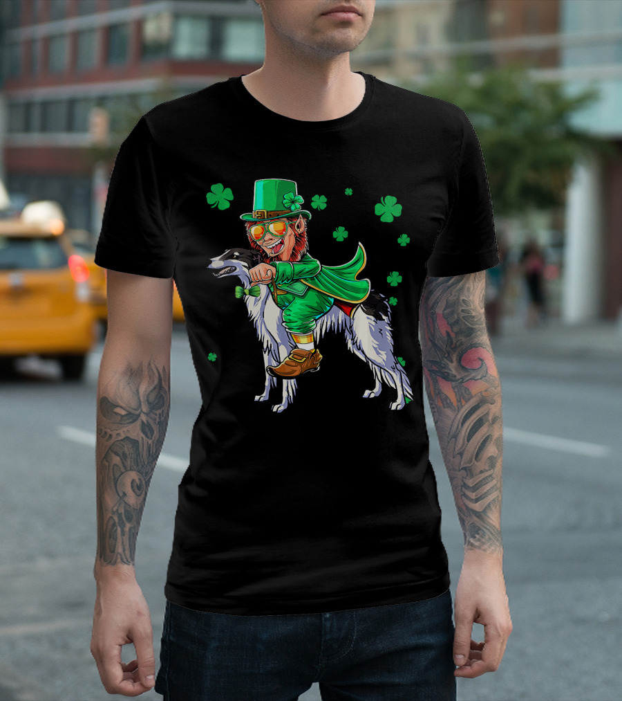 Leprechaun Riding Borzoi with Shamrocks St. Patrick's Day T-Shirt