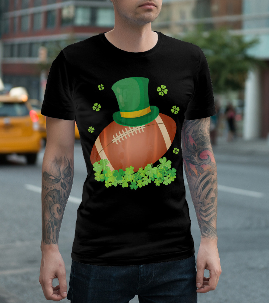Leprechaun Hat on Football Surrounded by Clovers T-Shirt