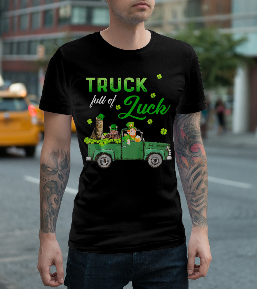 Truck Full Of Luck Cats Leprechaun Shamrocks T-Shirt
