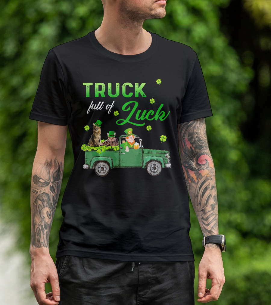Truck Full Of Luck Cats Leprechaun Shamrocks T-Shirt