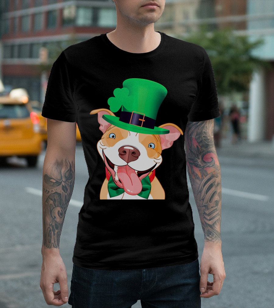 Irish Pitbull St Patricks Day Funny Leprechaun Hat Shamrock T-Shirt