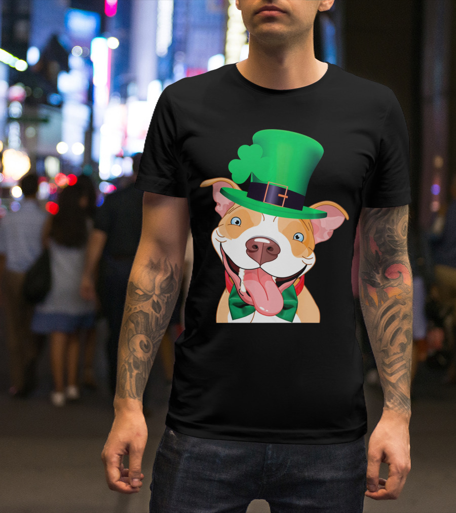 Irish Pitbull St Patricks Day Funny Leprechaun Hat Shamrock T-Shirt