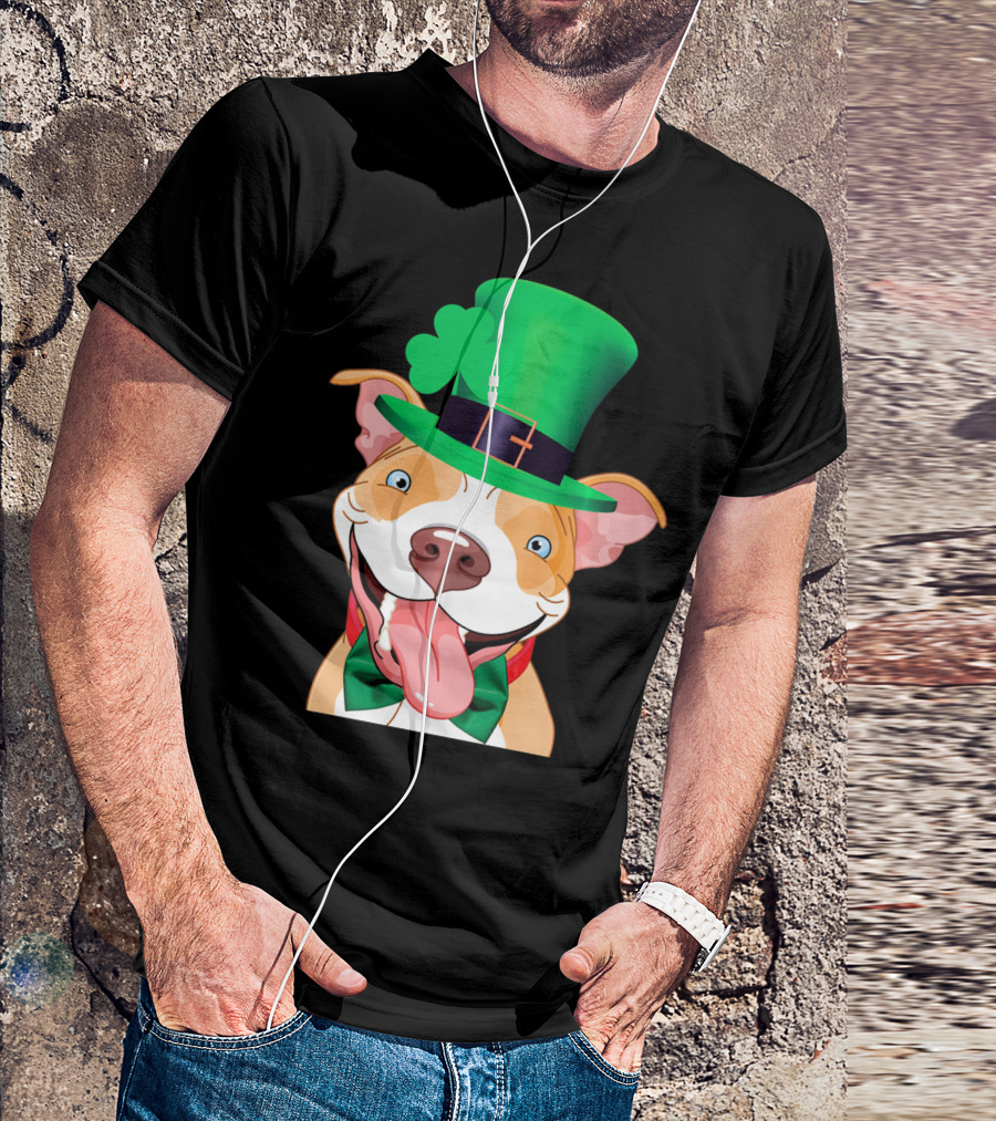 Irish Pitbull St Patricks Day Funny Leprechaun Hat Shamrock T-Shirt