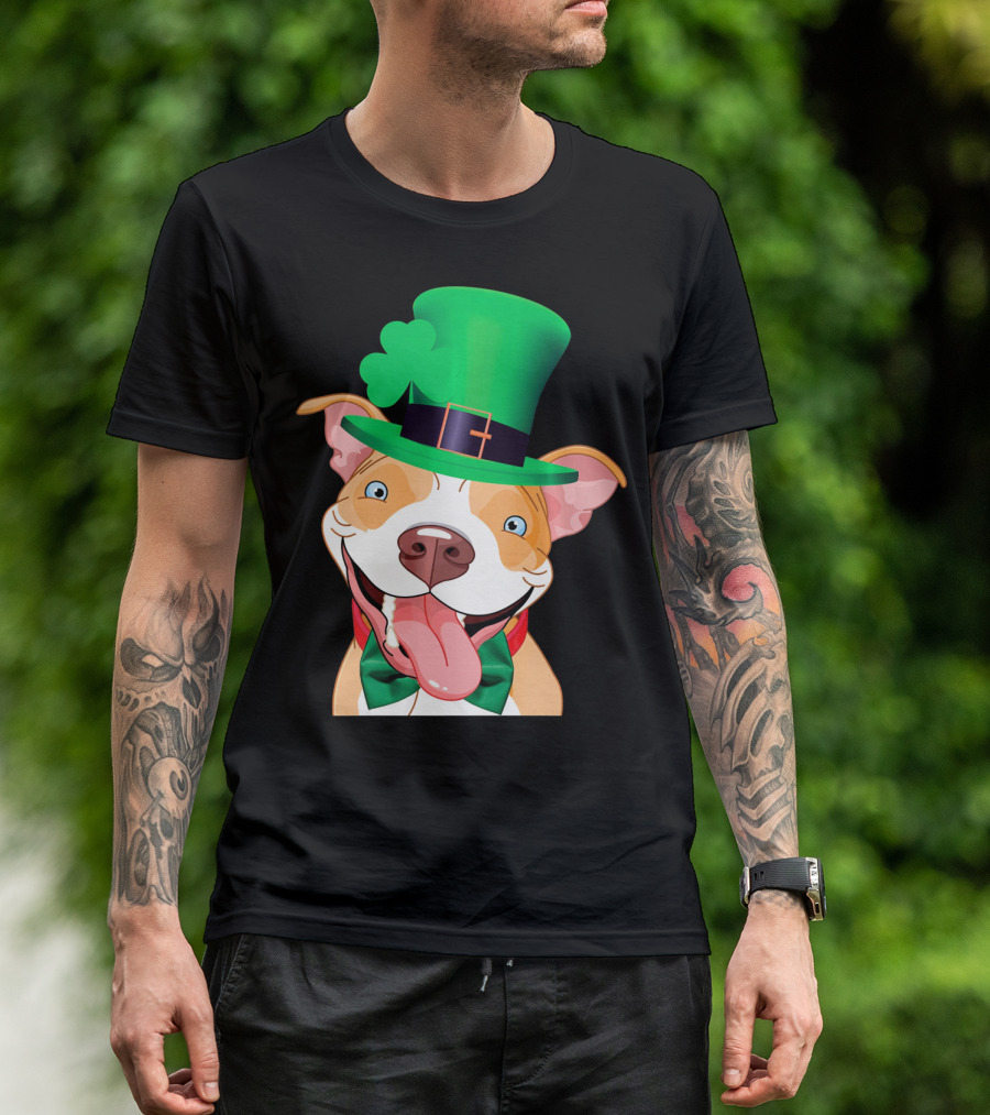 Irish Pitbull St Patricks Day Funny Leprechaun Hat Shamrock T-Shirt