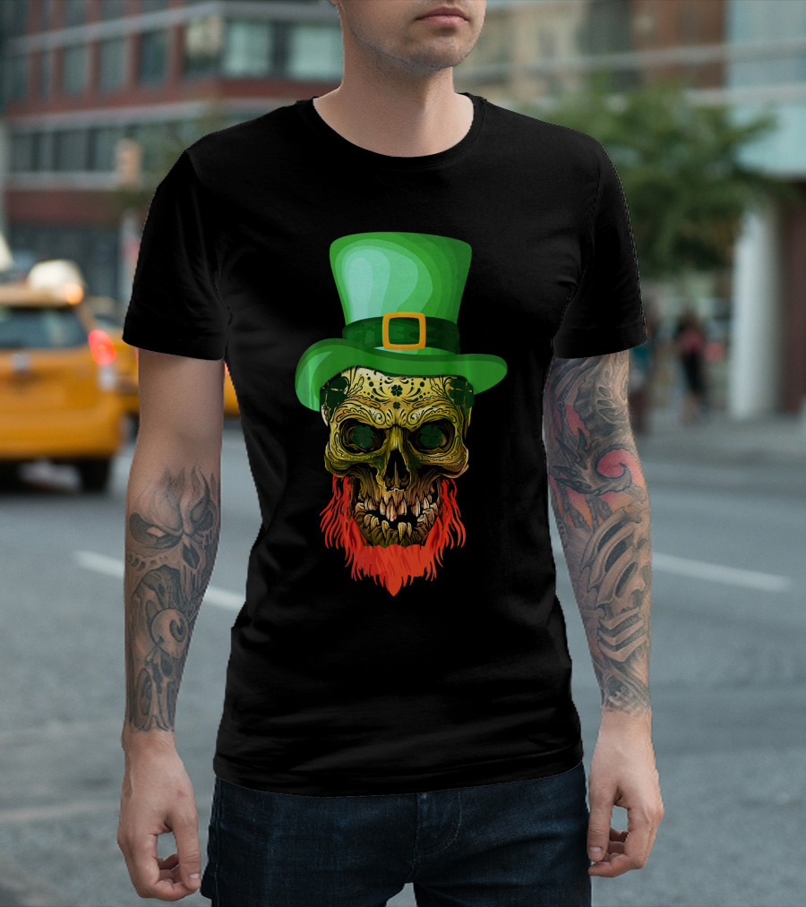 Skull Leprechaun Irish Green Hat Red Beard T-Shirt