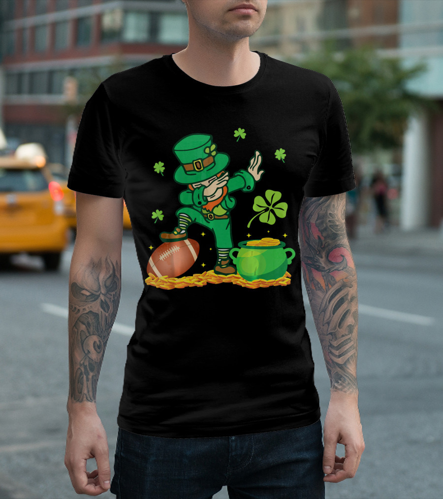 Leprechaun Dabbing with Football Shamrocks and Pot of Gold T-Shirt