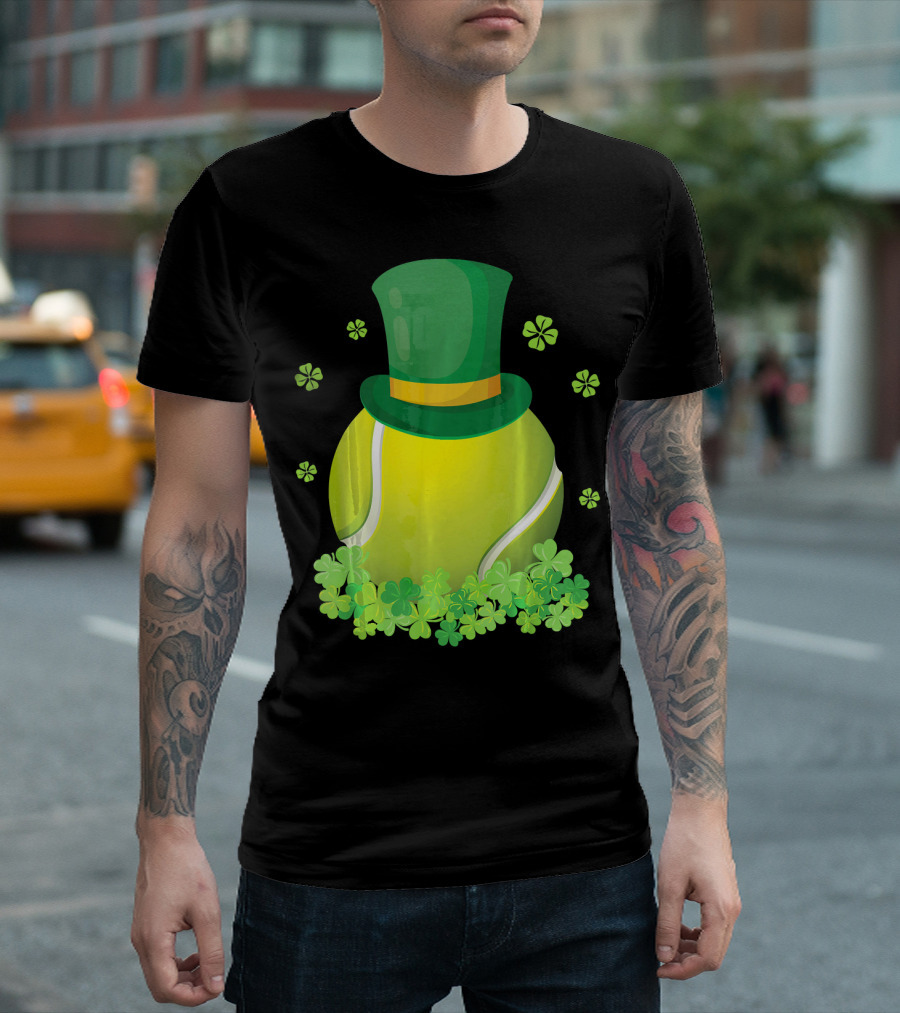 Leprechaun Hat Tennis Ball Surrounded by Shamrocks T-Shirt