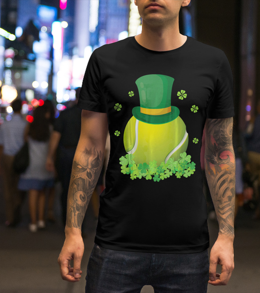 Leprechaun Hat Tennis Ball Surrounded By Shamrocks T-Shirt