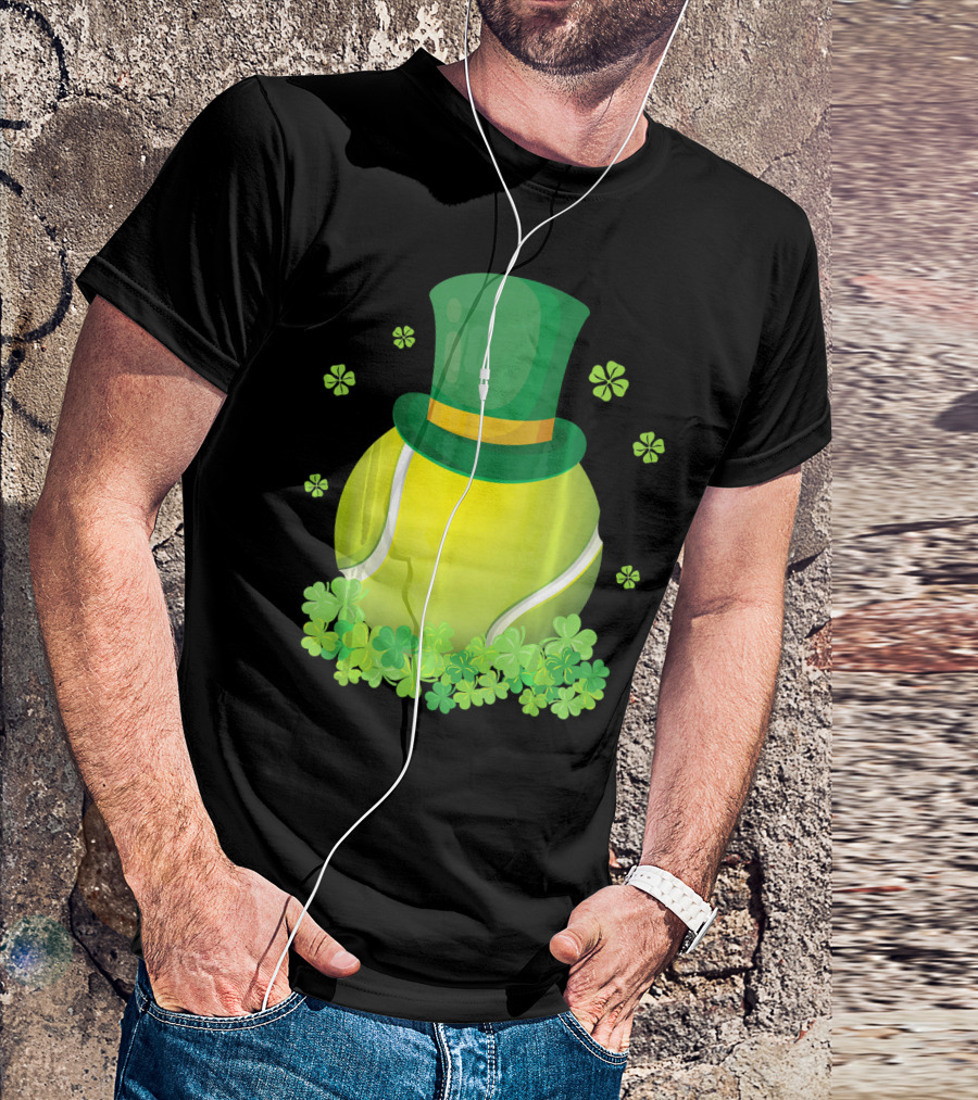 Leprechaun Hat Tennis Ball Surrounded By Shamrocks T-Shirt