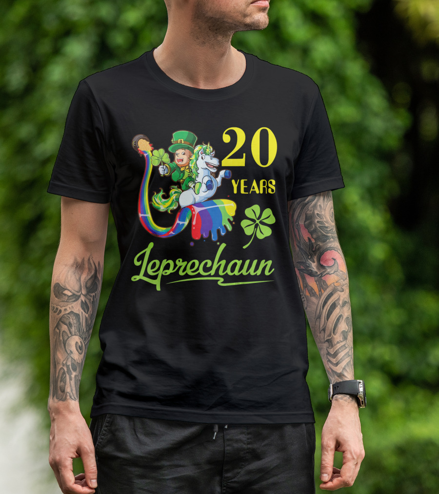 20 Years Leprechaun Riding Unicorn Rainbow Shamrock T-Shirt
