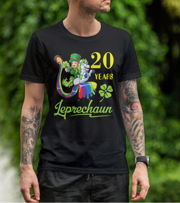 20 Years Leprechaun Riding Unicorn Rainbow Shamrock T-Shirt