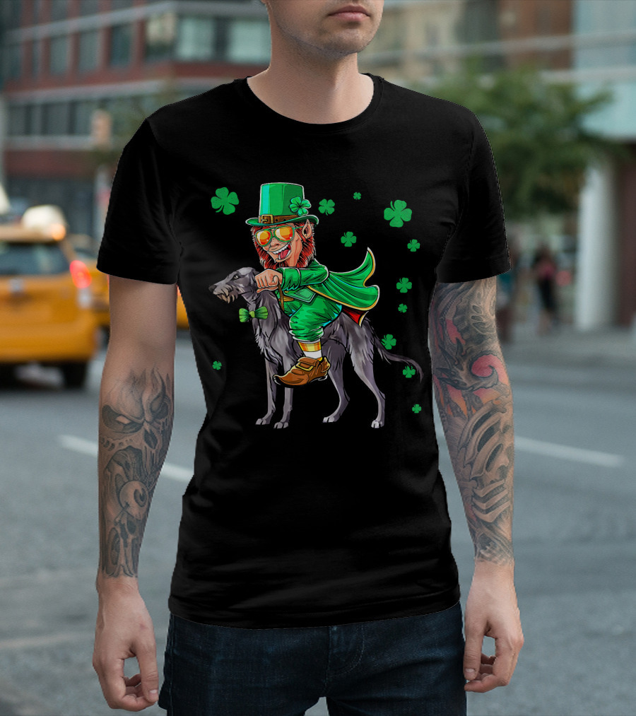 Leprechaun Riding Scottish Deerhound with Shamrocks T-Shirt
