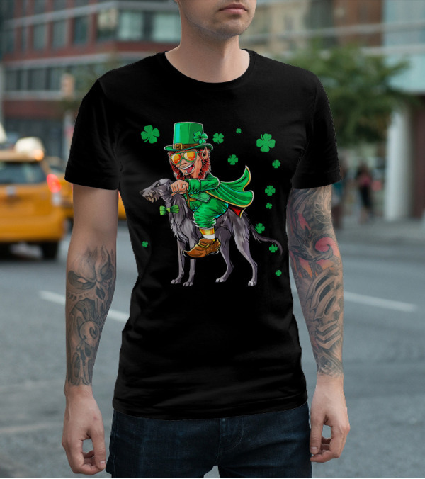 Leprechaun Riding Scottish Deerhound With Shamrocks T-Shirt