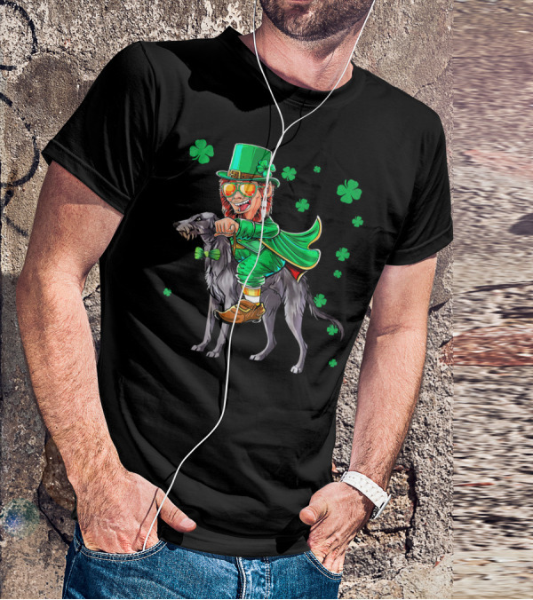 Leprechaun Riding Scottish Deerhound With Shamrocks T-Shirt
