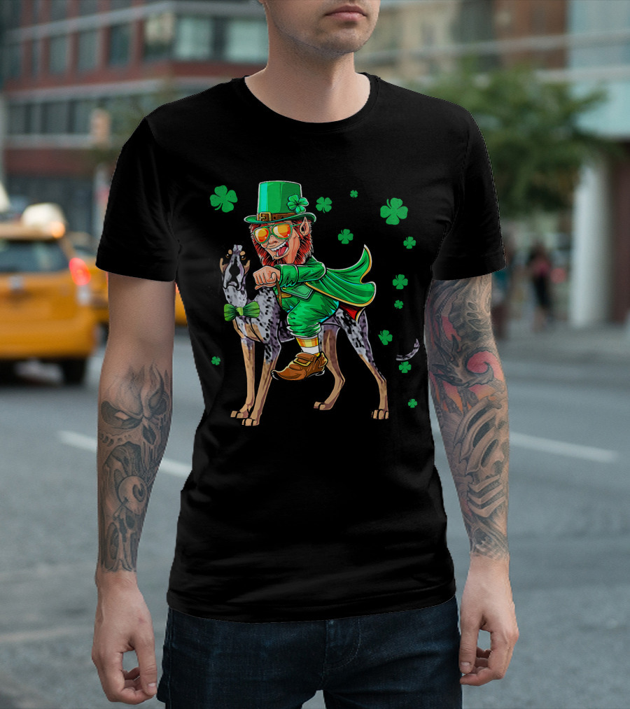 Leprechaun Riding Bluetick Coonhound with Shamrock Accents T-Shirt