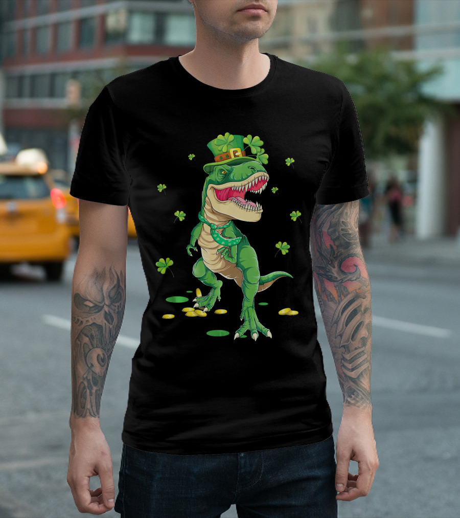 Happy St. Patrick’s Day Dinosaur Leprechaun Shamrocks Gold T-Shirt