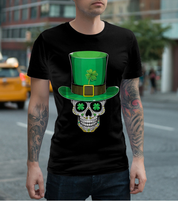 St Patricks Day Shamrock Sugar Skull Leprechaun T-Shirt