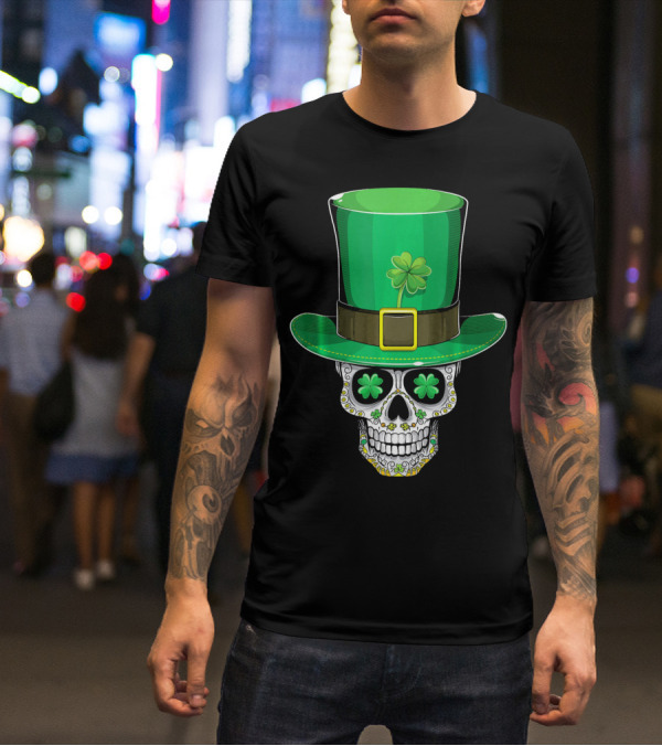 St Patricks Day Shamrock Sugar Skull Leprechaun T-Shirt